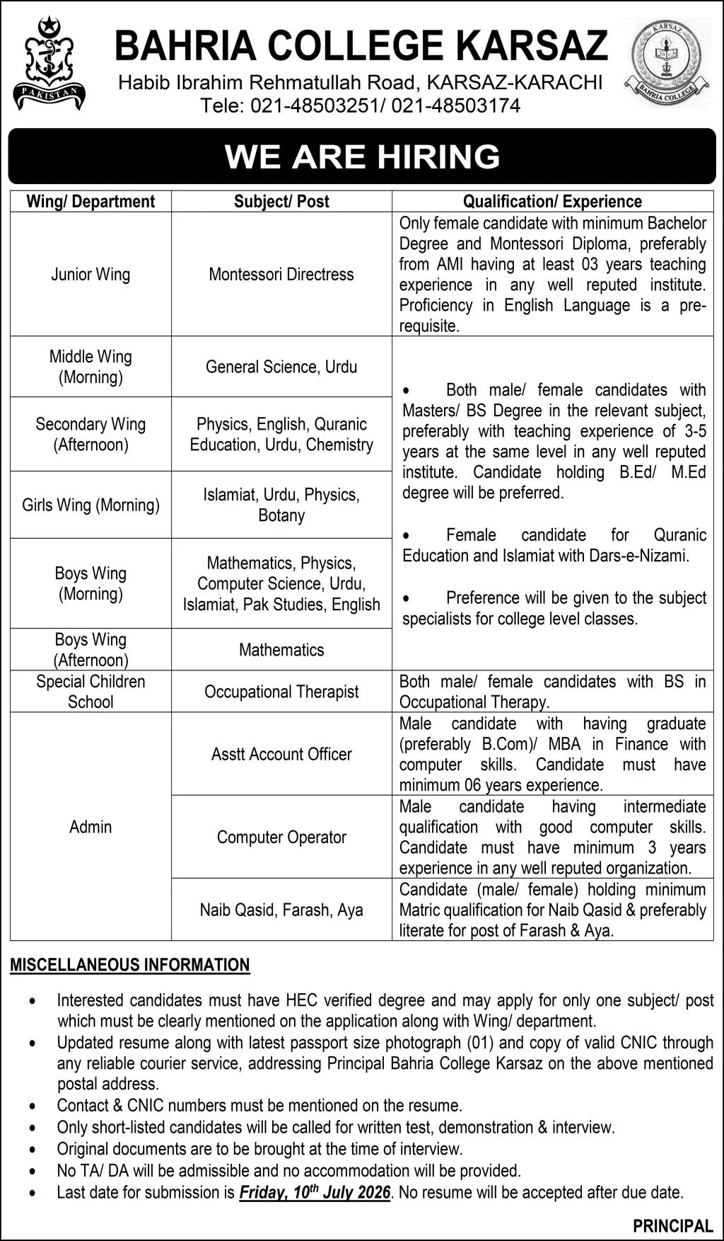 Bahria College karachi Jobs